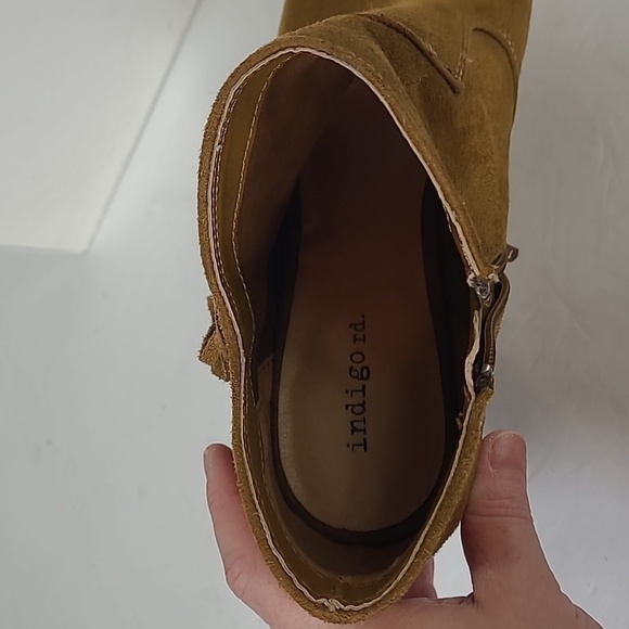 Indigo Road Rd Irfume Peep Toe Heeled Fringe Ankle Boots- Faux Suede Camel Brown - Picture 11 of 12